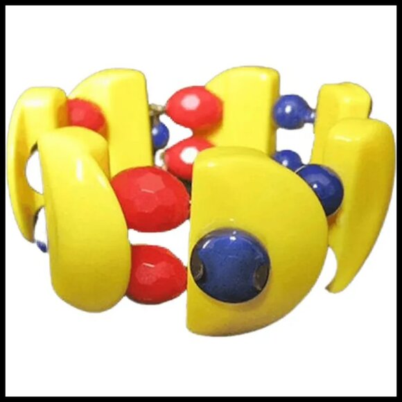 Retro Summer Bracelet Red Blue Yellow Wide Bangle - One of a Kind With Vintage - Picture 2 of 10